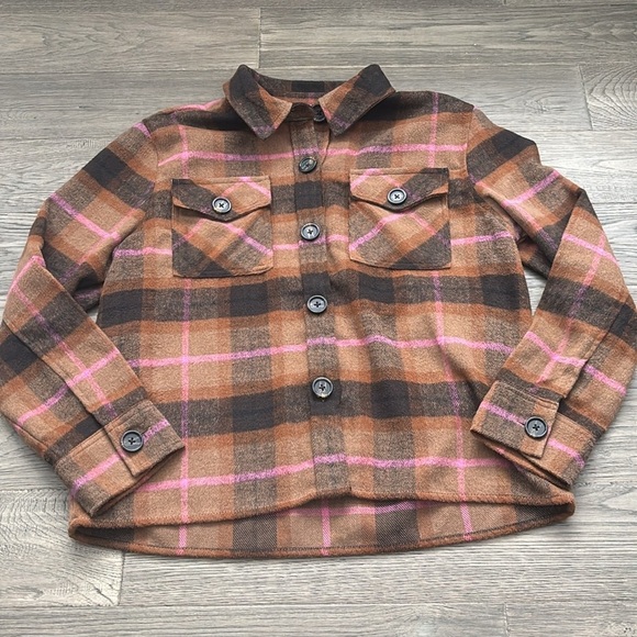 BB Dakota X Steve Madden | Brown and pink plaid boxy shacket jacket NWT Size L - Picture 3 of 13